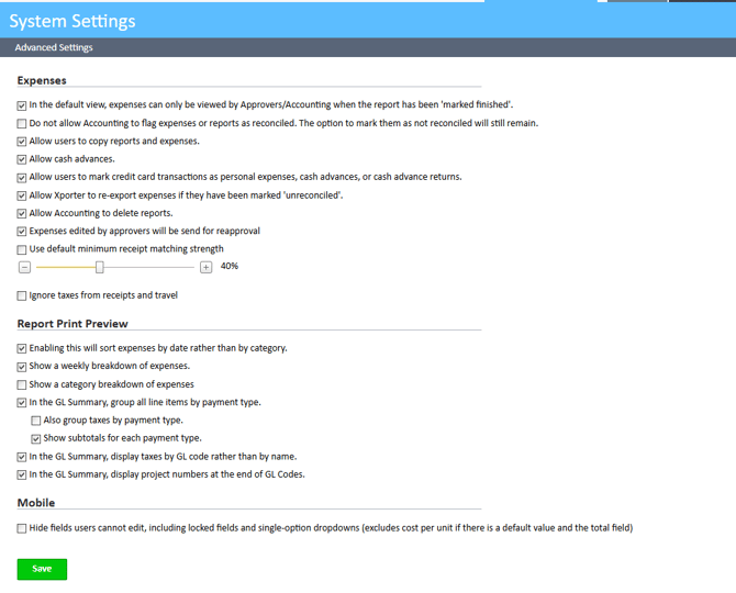 Advanced Settings window in the Settings Manager module