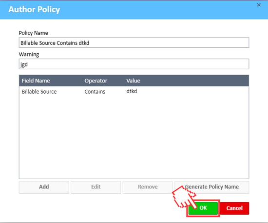 Author Policy window Ok Button