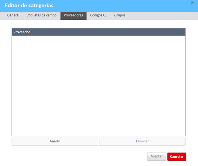 Ventana del editor de categorías Pestaña Proveedores