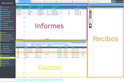 Diseño detallado del espacio de trabajo del Gestor de gastos con las secciones de informes, gastos y recibos indicadas.