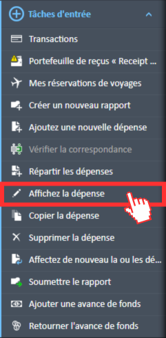 Option de menu Afficher les dépenses dans le menu de navigation Tâches de saisie