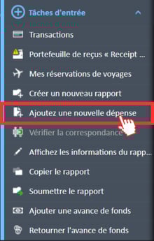 Menu de navigation « Tâches de saisie » dans le Gestionnaire de dépenses avec l’option « Ajouter une nouvelle dépense » sélectionnée