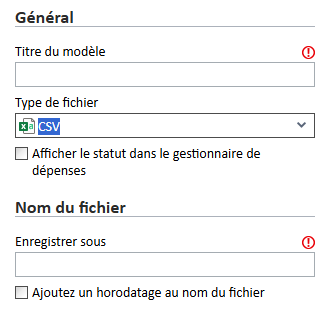 Section générale avec le type de fichier défini sur CSV