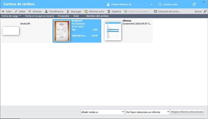 Recibo seleccionado en la ventana Cartera de recibos del Administrador de gastos