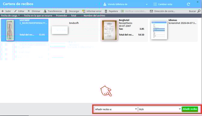 Ventana de la cartera de recibos con el recibo seleccionado y menú desplegable para seleccionar el informe.
