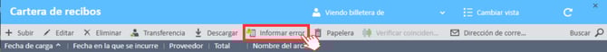 Botón "Informar de un error" en la ventana "Cartera de recibos" del Administrador de gastos.