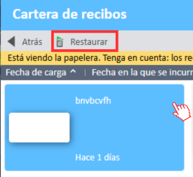 Seleccioné el recibo y pulsé el botón Restaurar en la Cartera de recibos del Administrador de gastos.