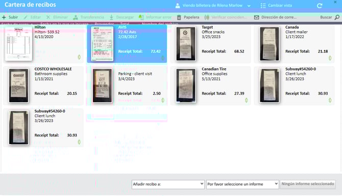 Ventana de la cartera de recibos en el Administrador de gastos de ExpensePoint