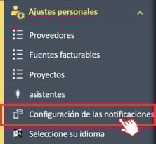  Opción de menú Configuración de notificaciones en el menú de navegación Configuración personal en ExpensePoint.