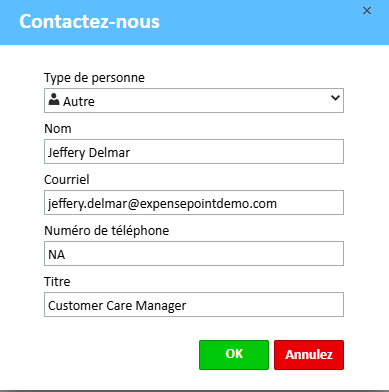 Fenêtre de modification du contact