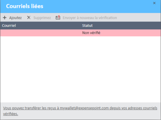 Courriels liees non Fenêtre « Courriels liées » avec colonnes « Courriel » et « Statut ».