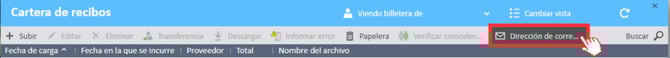 Pestaña Direcciones de correo electrónico vinculadas en la Cartera de recibos del Administrador de gastos