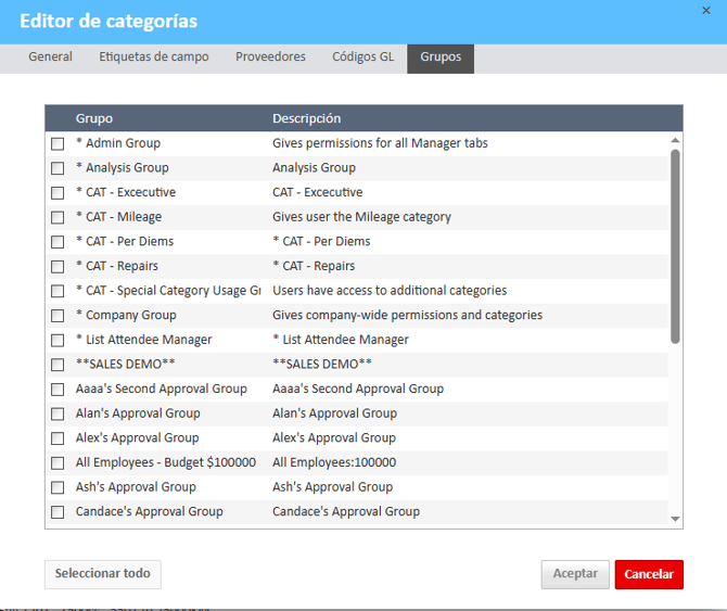 Pestaña Grupos del editor de categorías