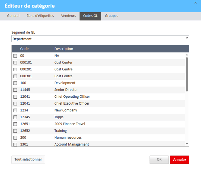 Fenêtre Éditeur de catégories, onglet Codes GL