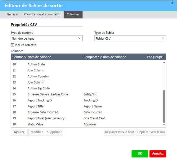 Fenêtre de l'éditeur de fichier de sortie – Mappage des colonnes du fichier CSV