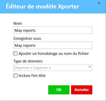 Fenêtre de l'éditeur de modèles Xporter