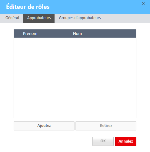 Onglet Approbateurs de la fenêtre Éditeur de rôles