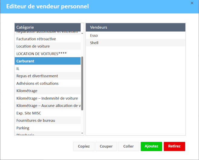 Editeur de vendeur personnel ajoutez esso