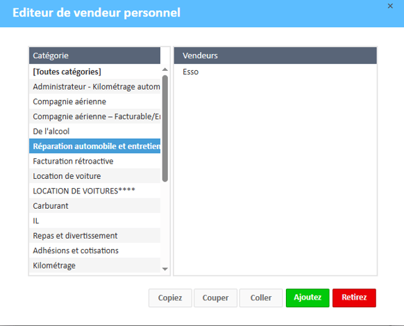  Sélectionnez la catégorie et le vendeur avant de cliquer sur le bouton Supprimer dans l'éditeur de vendeurs personnels.