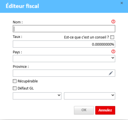 Fenêtre Éditeur de taxes