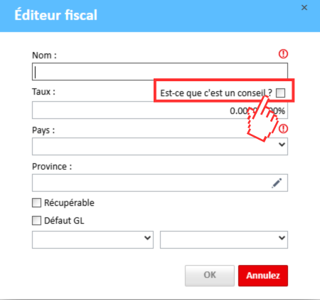 Fenêtre de l'éditeur fiscal avec l'option « Est-ce un pourboire ? » mise en évidence