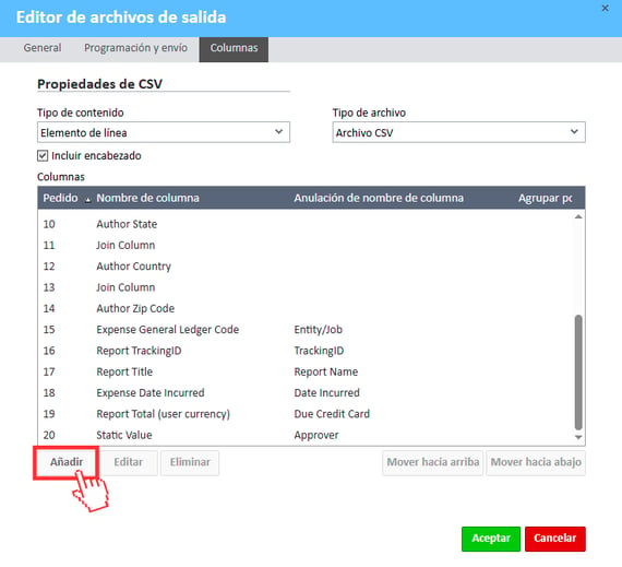 Sección de columnas de la ventana del Editor de archivos de salida con el botón «Añadir» seleccionado.