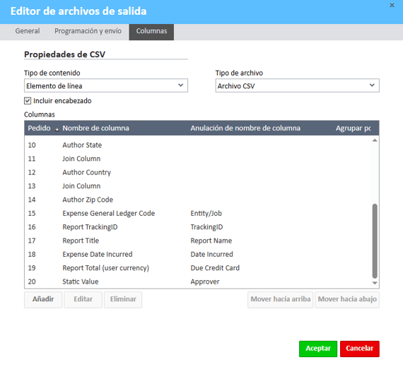 Ventana del editor de archivos de salida: asignación de columnas de archivos CSV