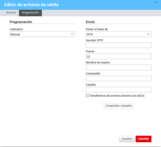 Pestaña de programación en el editor de archivos de salida