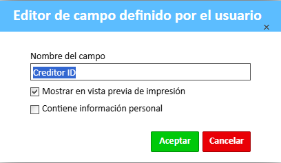Ventana del editor de campos definidos por el usuario