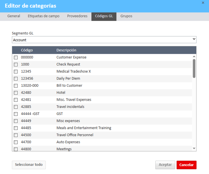 Ventana del editor de categorías Pestaña Códigos GL