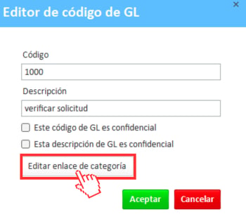 Botón Editar enlace de categoría en la ventana del editor de código GL