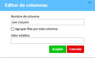 Ventana del editor de columnas con la opción de agrupar filas por esta columna