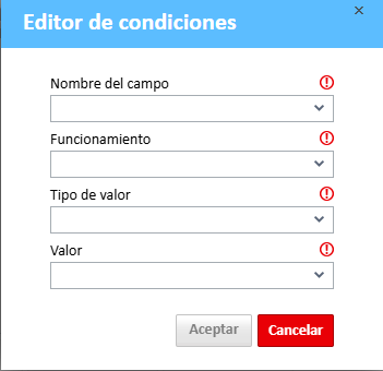 Ventana del editor de condiciones con campos para rellenar.