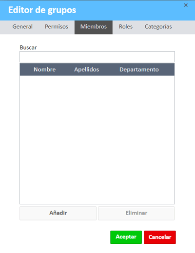 Ventana del editor de grupos abierta en la pestaña Miembros