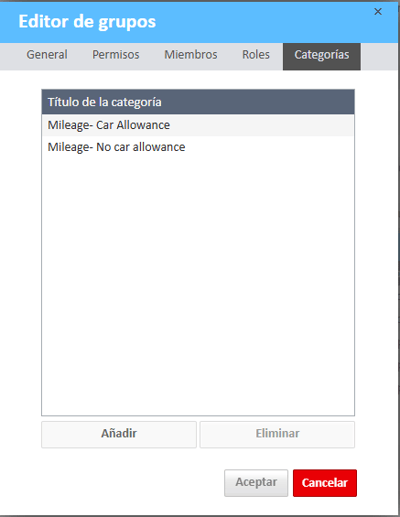 Pestaña Categorías en la ventana del Editor de grupos