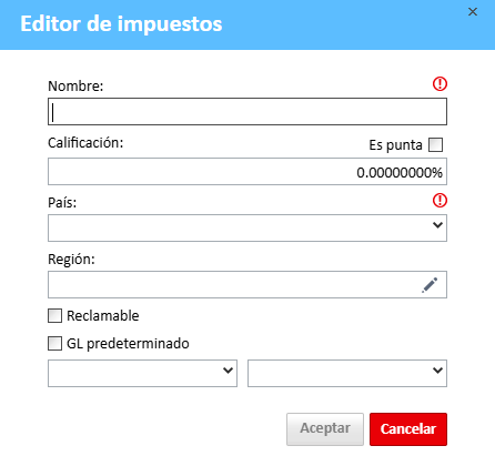Ventana del editor de impuestos