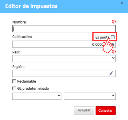 Ventana del editor de impuestos con la opción "Es propina" resaltada.