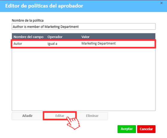 Botón de edición de la ventana del editor de políticas del aprobador