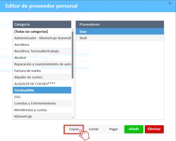 Categoría seleccionada y botón Copiar en el Editor de proveedores personales
