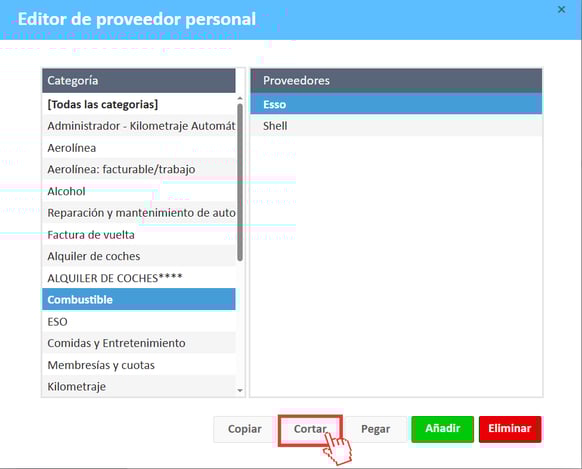 Categoría seleccionada y proveedor y botón Cortar en el Editor de proveedores personales