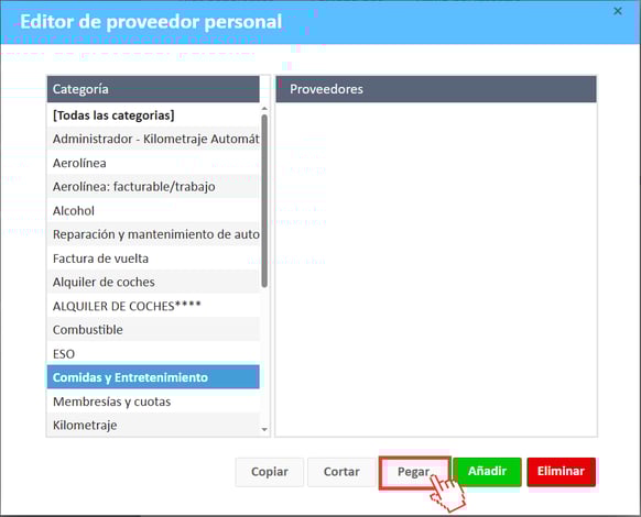 Categoría seleccionada y botón Pegar en el Editor de proveedores personales