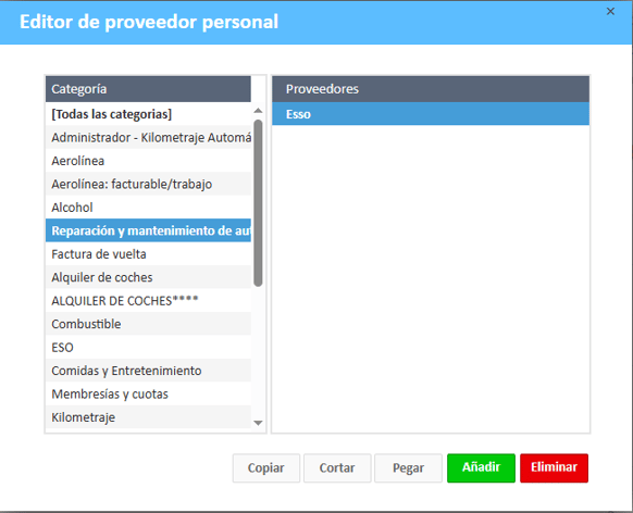  Categoría y proveedor seleccionados antes de hacer clic en el botón Eliminar en el Editor de proveedores personales.