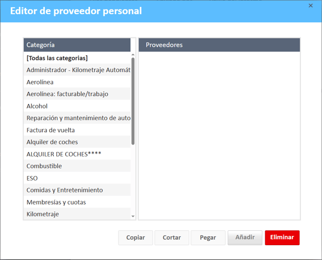 Editor de proveedor personal window