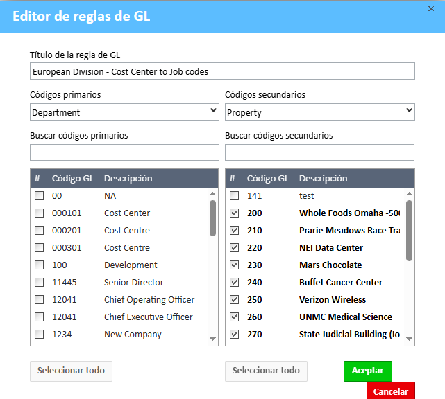 Ventana del editor de reglas GL
