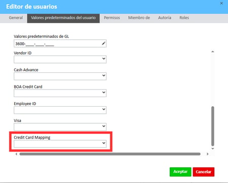 Campo de asignación de tarjetas de crédito en la ventana del editor de usuarios, en la pestaña de valores predeterminados del usuario.