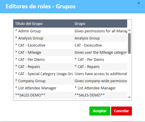 Editores de roles - Ventana de grupos