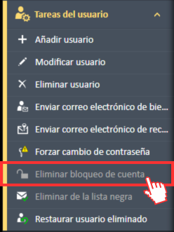 Eliminar bloqueo de cuenta en el menú de navegación Tareas del usuario