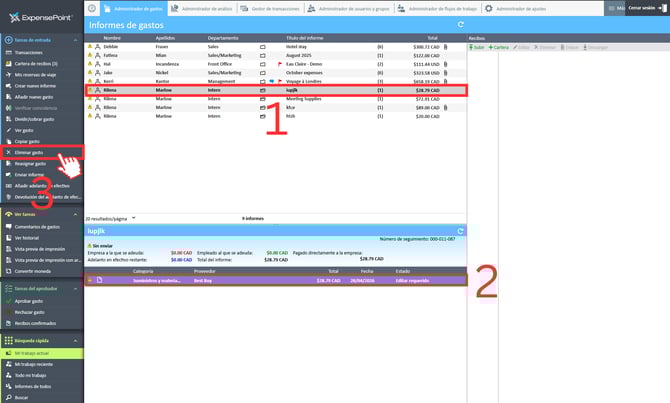 Pasos para eliminar un gasto desde la pantalla del Administrador de gastos