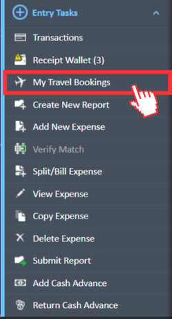 My Travel Bookings menu option in the Entry Tasks navigation menu