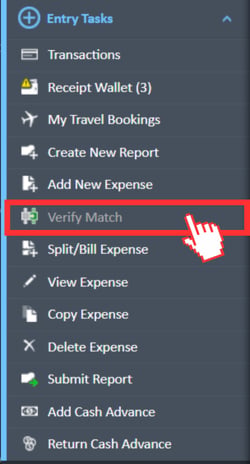 Verify Match menu option from the Entry Tasks navigation menu